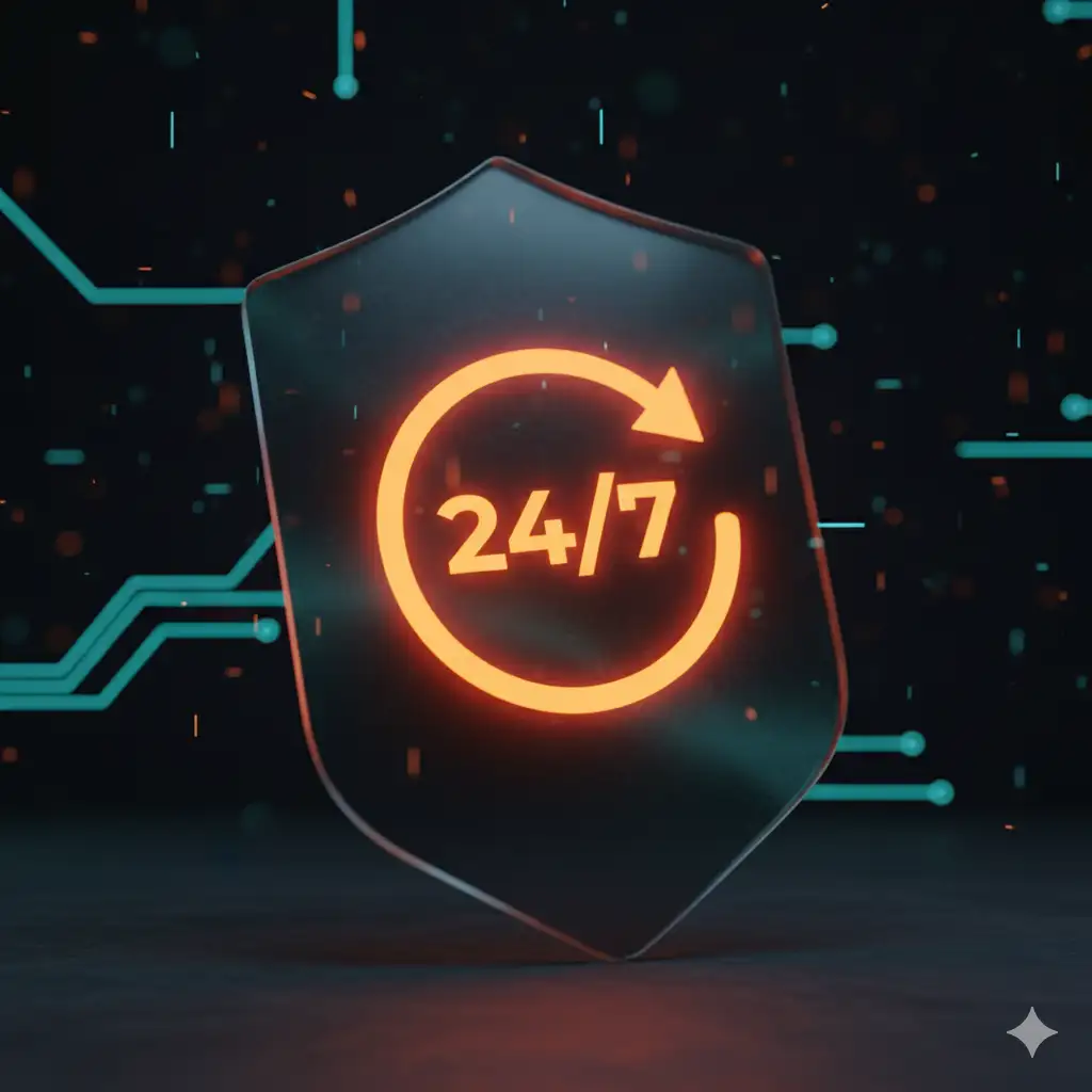 Mobile App Security Shield with 24/7 Support Icon