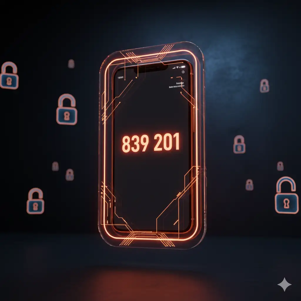 Mobil 2FA Güvenlik Görselleştirmesi: Kalkanlı Telefon ve Kod